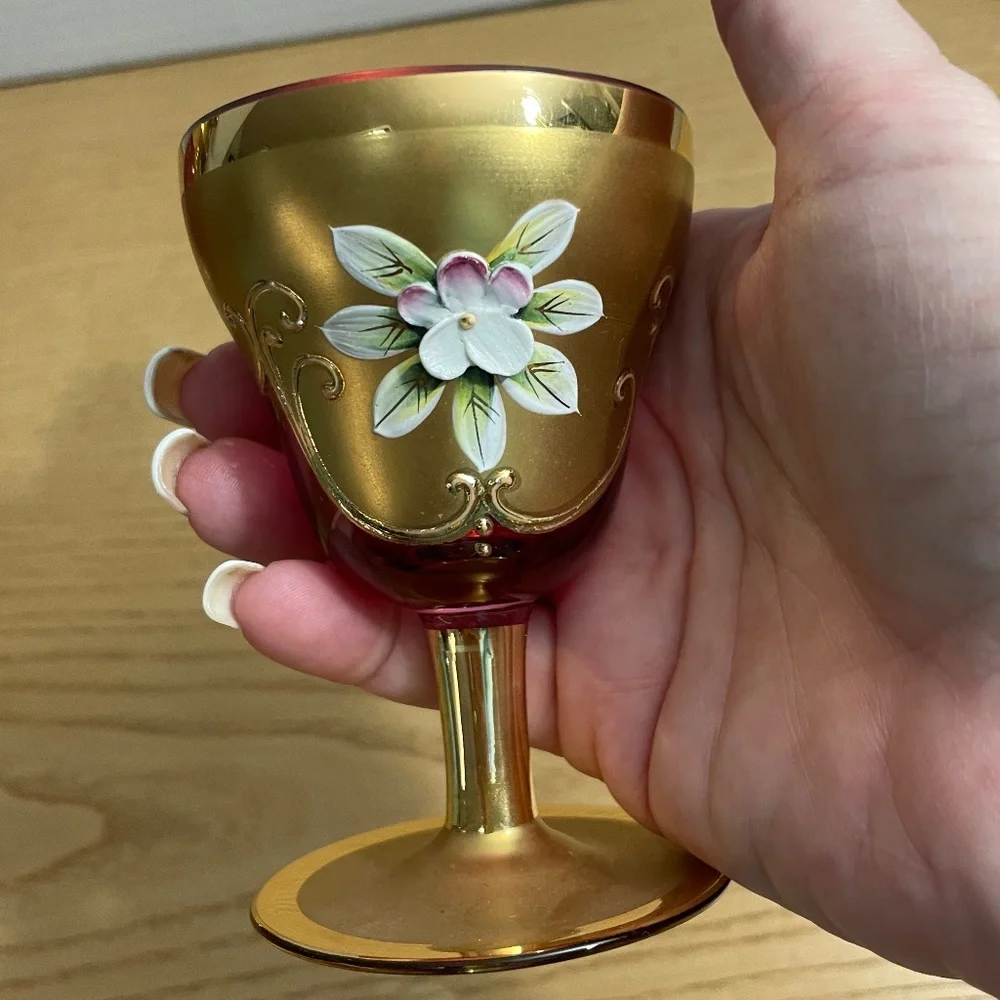 Bohemian Czech Ruby Red Gold Gilt Crystal Decanter & 4 Glasses Enamel Flowers